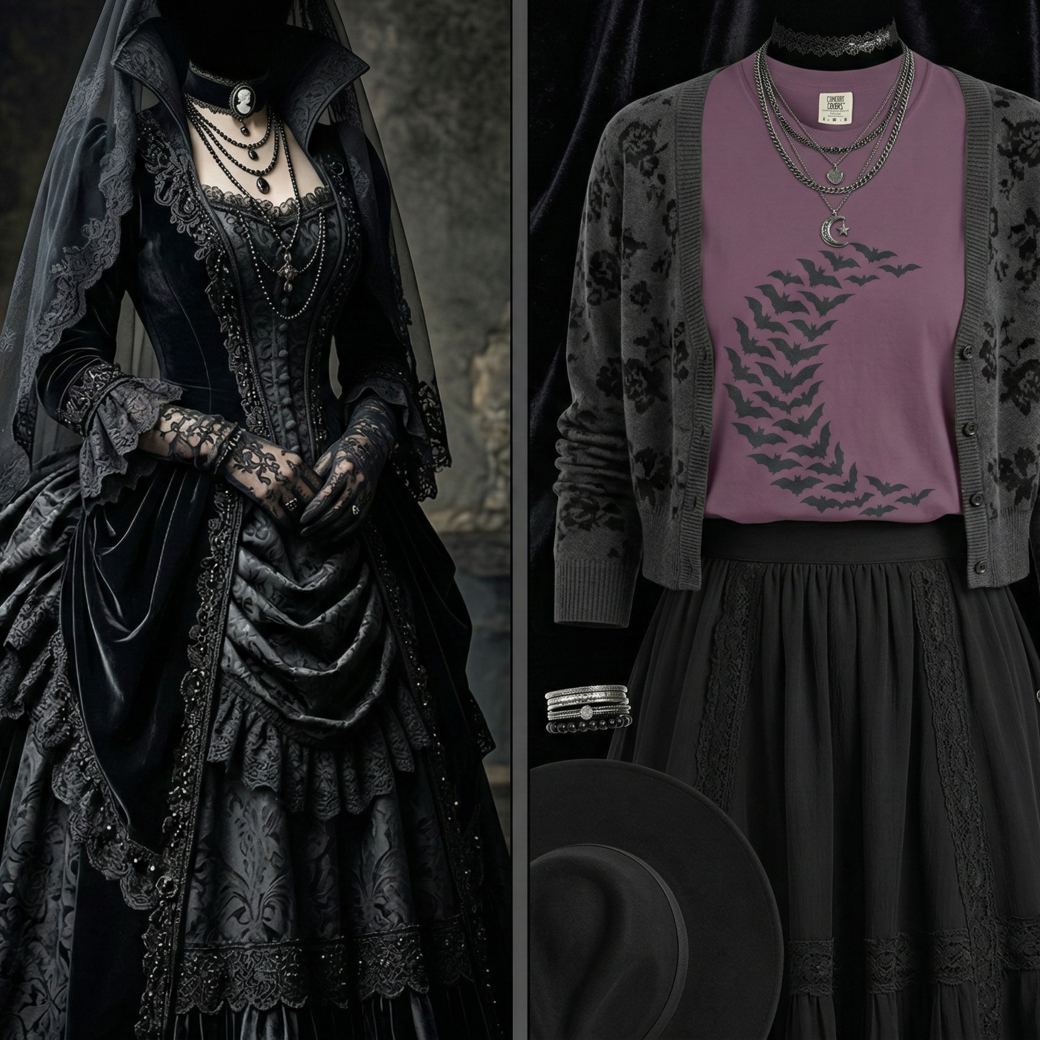 plit comparison showing theatrical costume versus wearable everyday look with gothic romantic styling. Left side: elaborate Victorian costume, dramatic and period-accurate. Right side: modern wearable pieces styled together - velvet collar, lace choker, silver jewelry, dark floral.