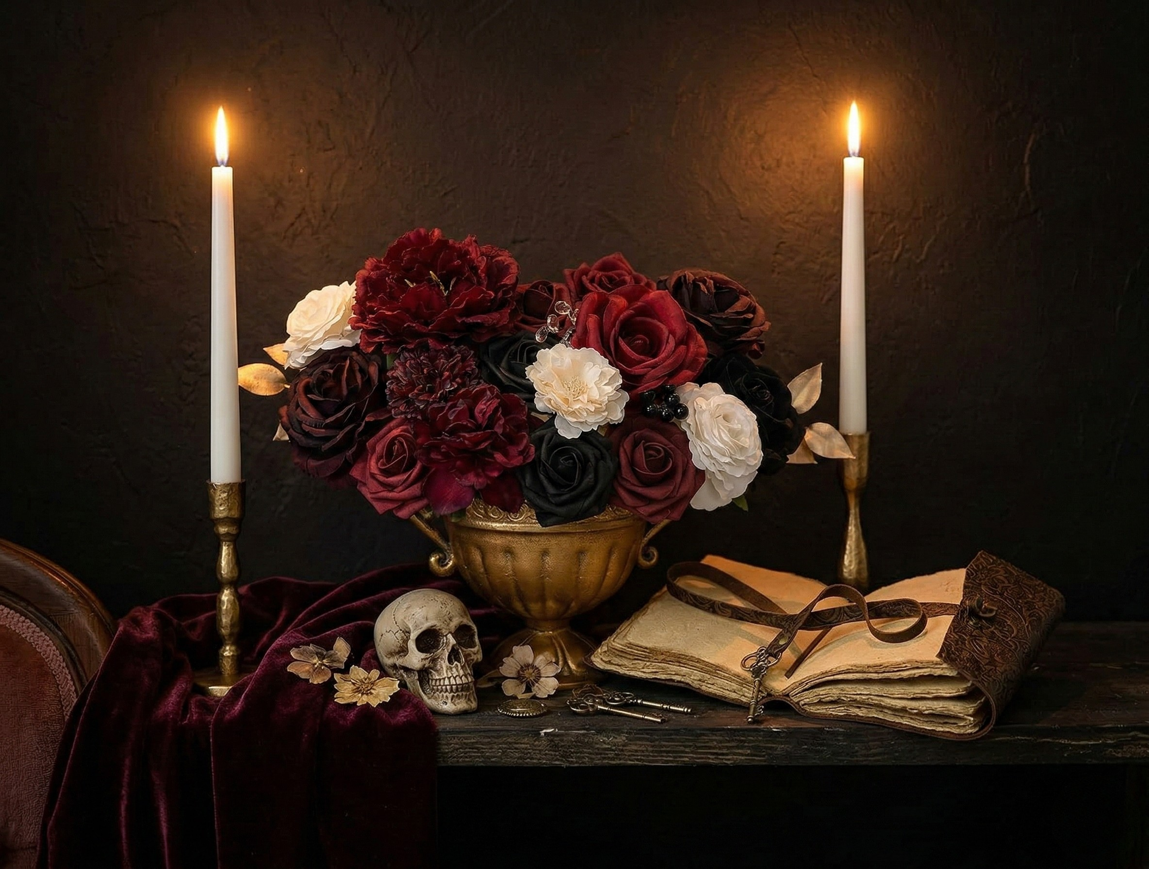 A moody still life featuring a burgundy velvet drape, a skull, several keys, an open vintage journal with a strap, a large central floral arrangement in a gold vase with deep red, black, and cream roses, and two lit white taper candles in brass holders against a dark background.