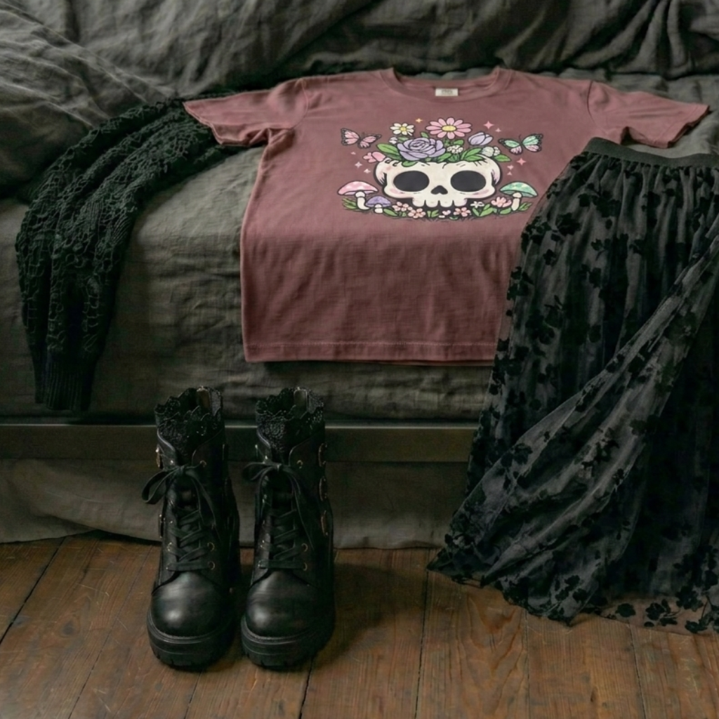 A messy flatlay of a spring goth floral skull t-shirt with a lacy skirt, boots and a cardigan