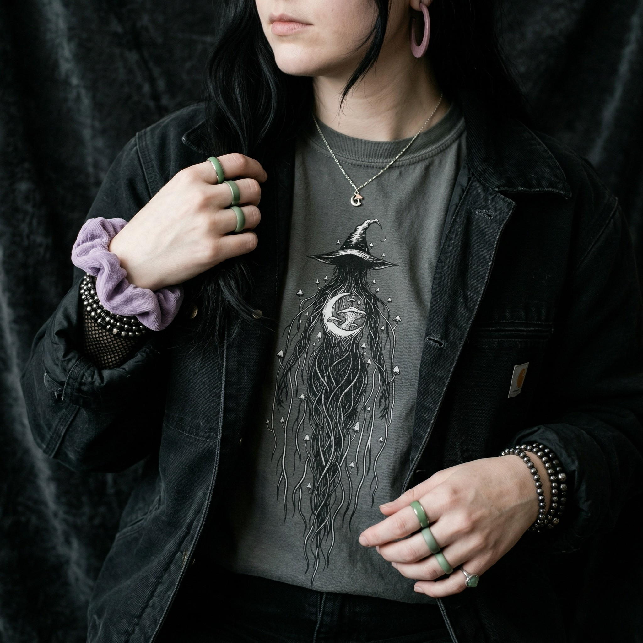 an all dark look, with subtle spring accents